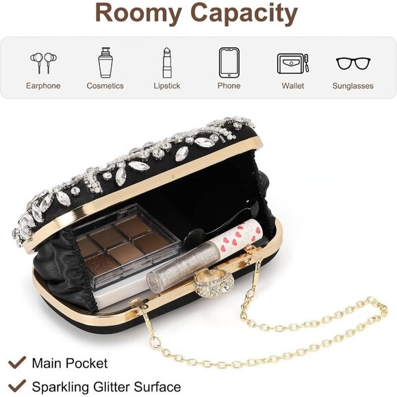 🆕Women Black Beaded Polyester Evening Bag Rhinestone Clutch Shoulder Handbag - Picture 4 of 7